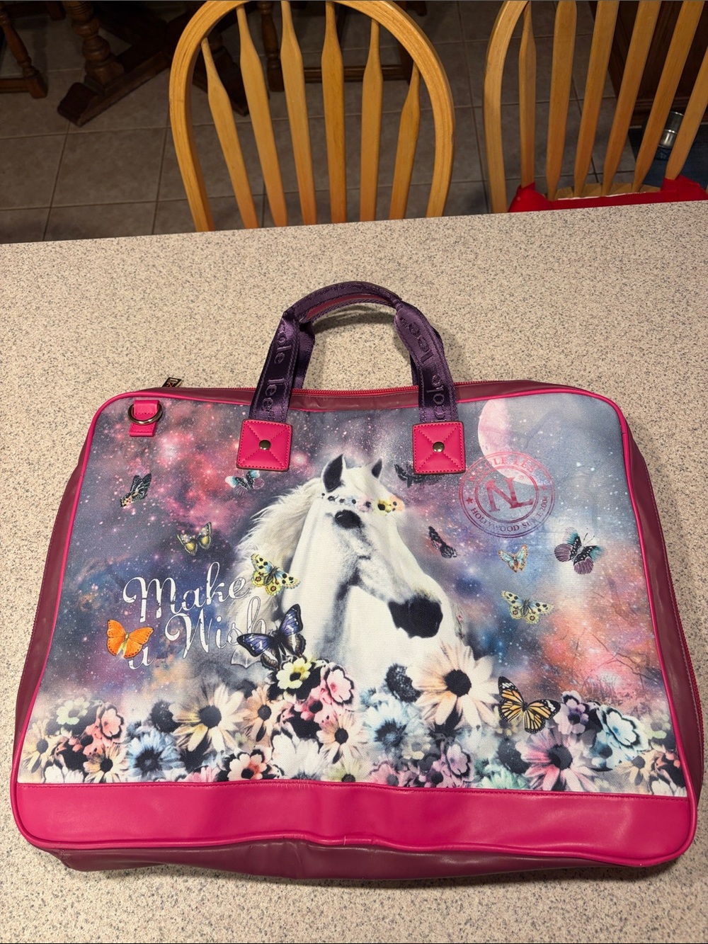 Nicole Lee Pink Purple Horse Travel Bag with Floral & Butterfly Print